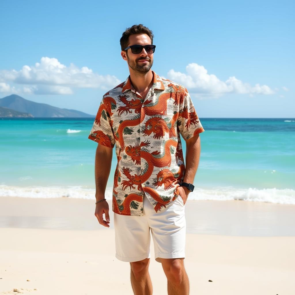 Man Wearing Dragon Hawaiian Shirt at the Beach