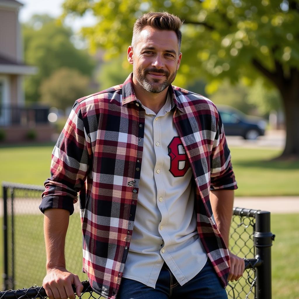 A man wearing a flannel baseball jersey outdoors in a casual setting.