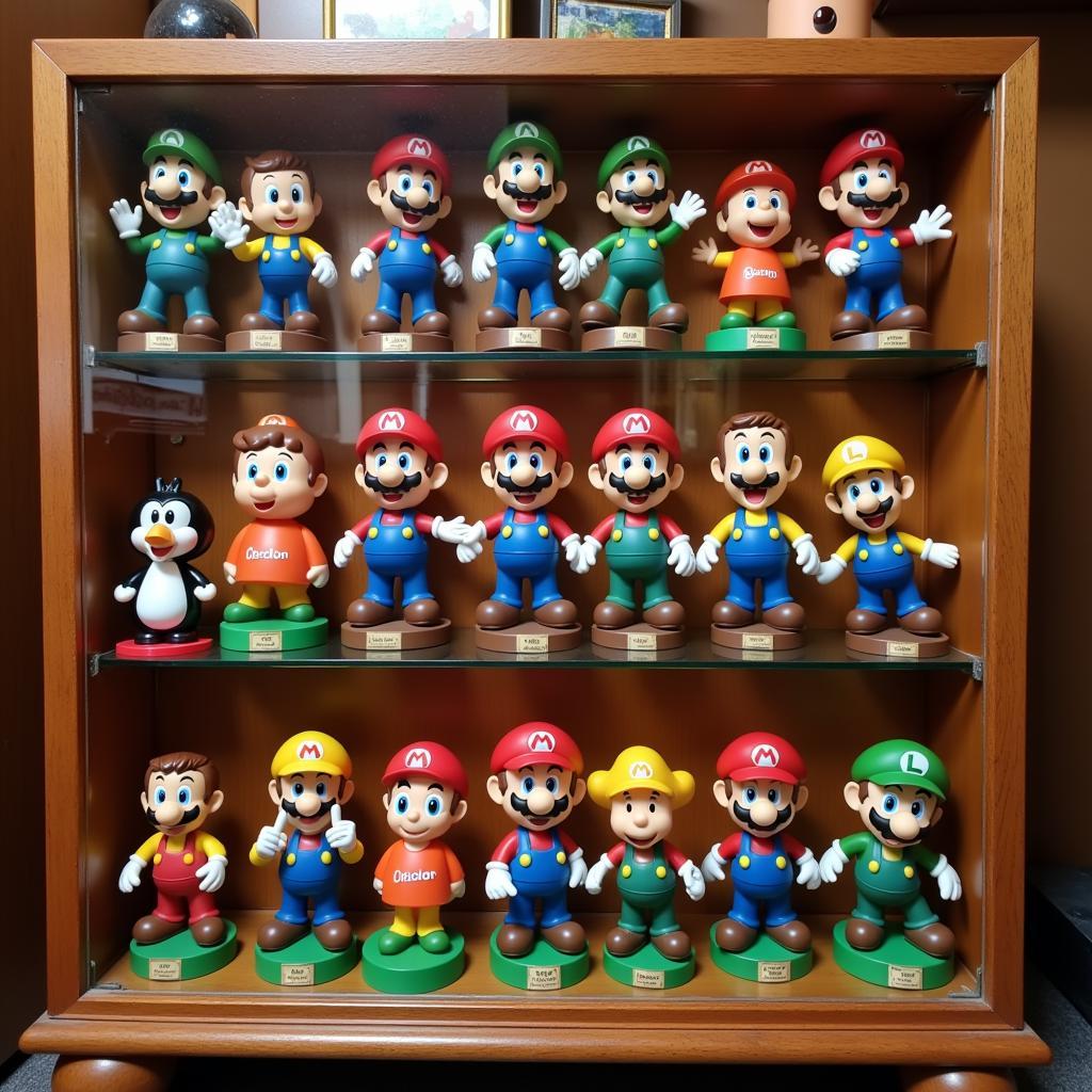 Mario bobbleheads displayed in a protective case