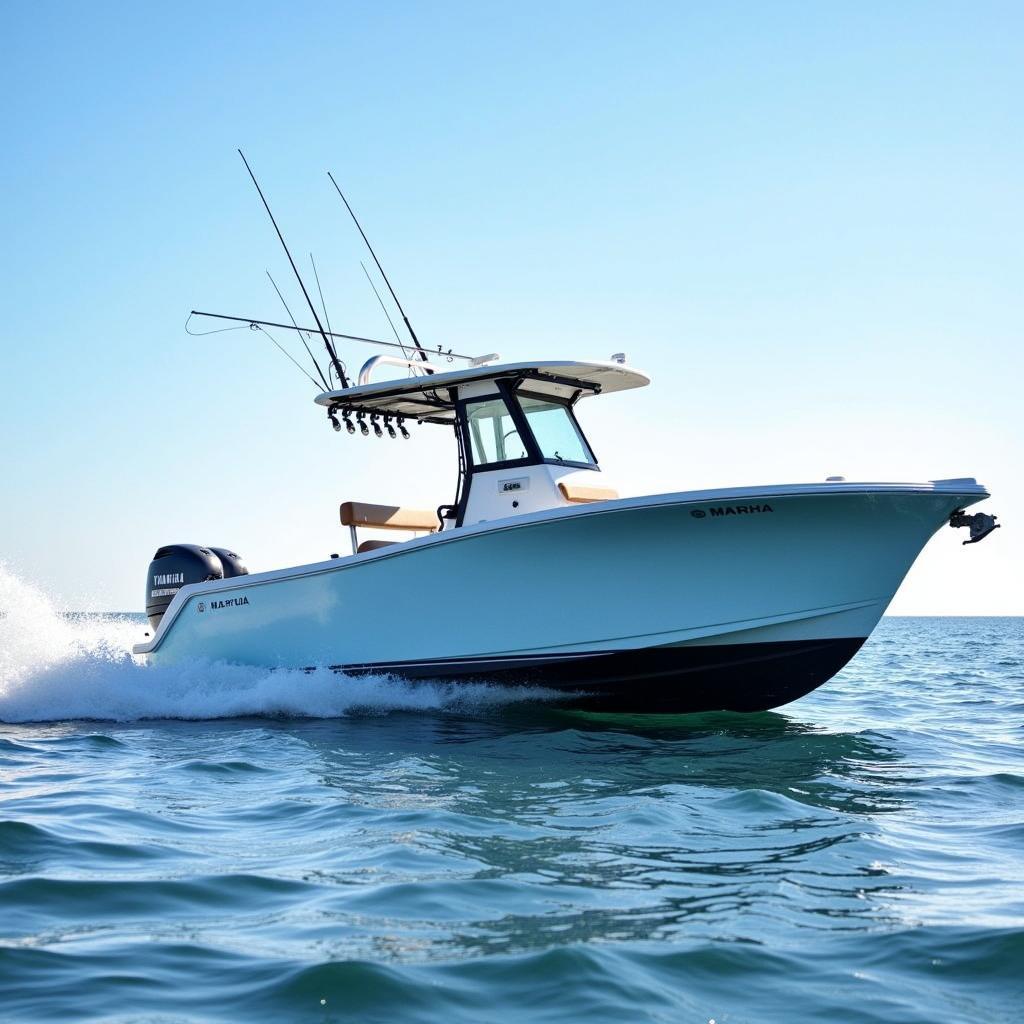 Marlin 27s cruising on the open ocean, showcasing its deep-V hull design and powerful twin Yamaha outboards.