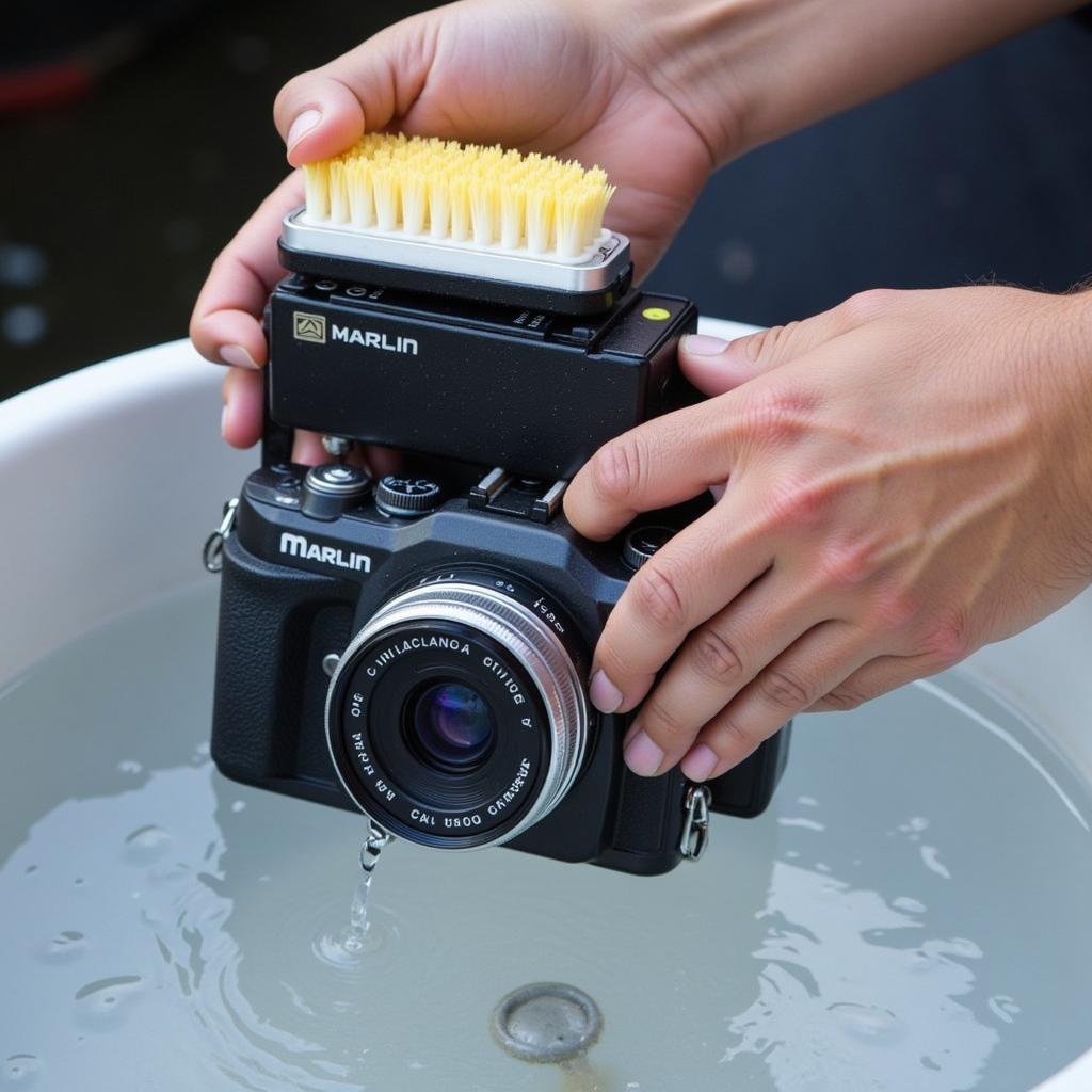 Cleaning a marlin camera after a dive