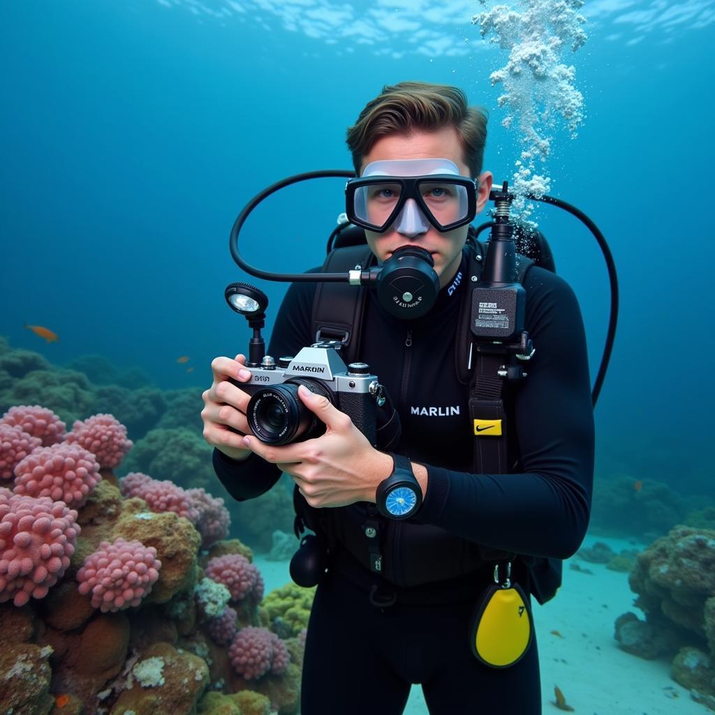 Diver using marlin camera with accessories