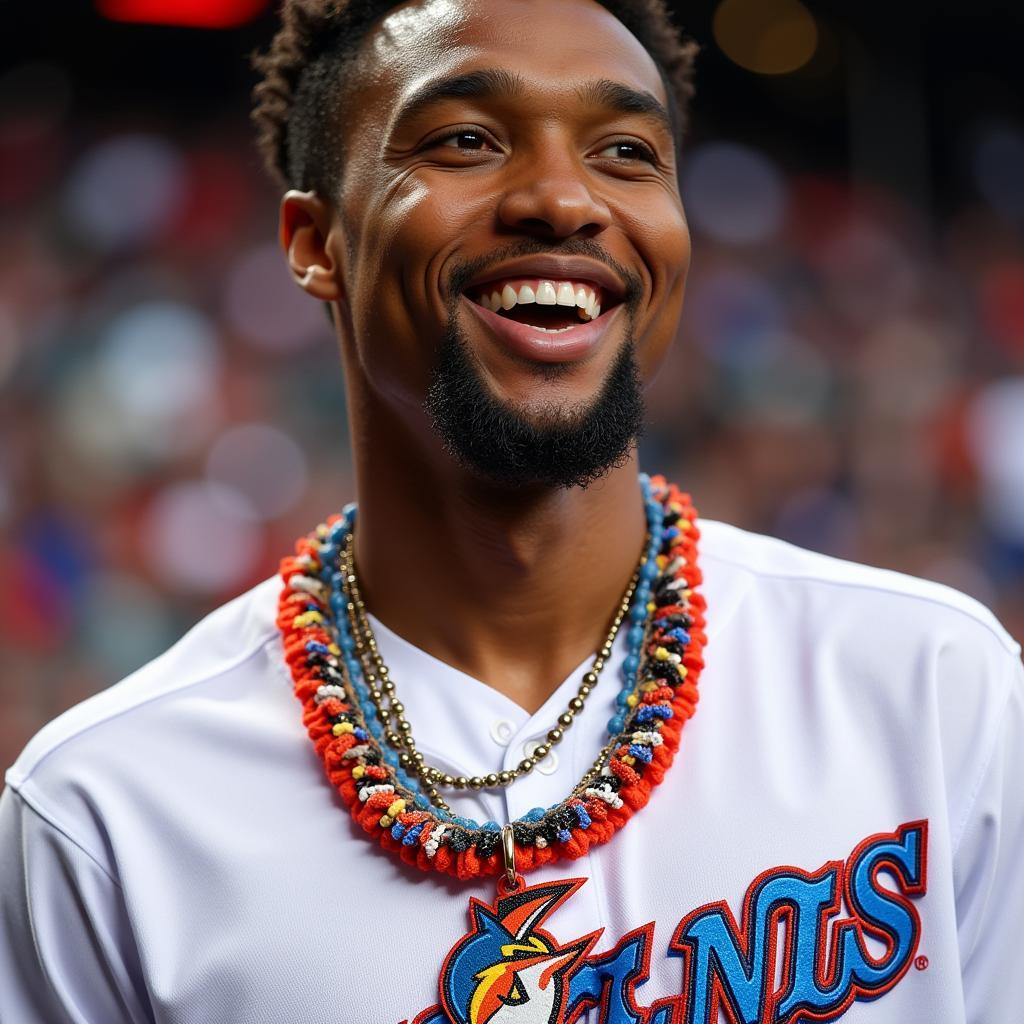 Marlins necklace being worn during a celebration