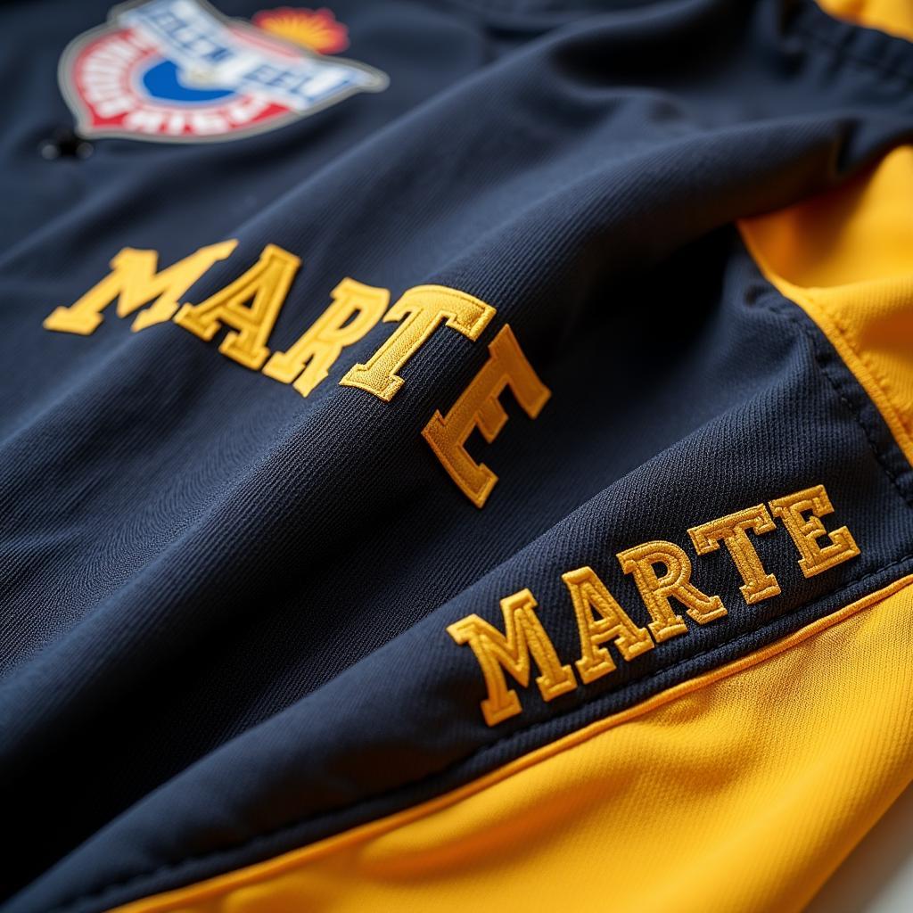 Close-up view of a Marte jersey, showcasing its fabric, stitching, and design details