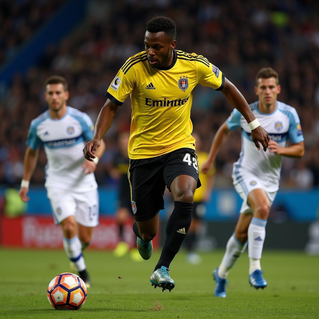 A football player wearing the Marte jersey during a match, showcasing its fit and performance features