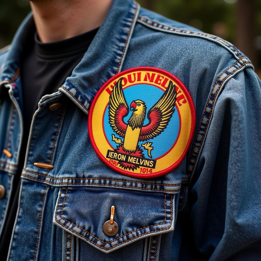 Close-up of a Melvins patch sewn onto a denim jacket.