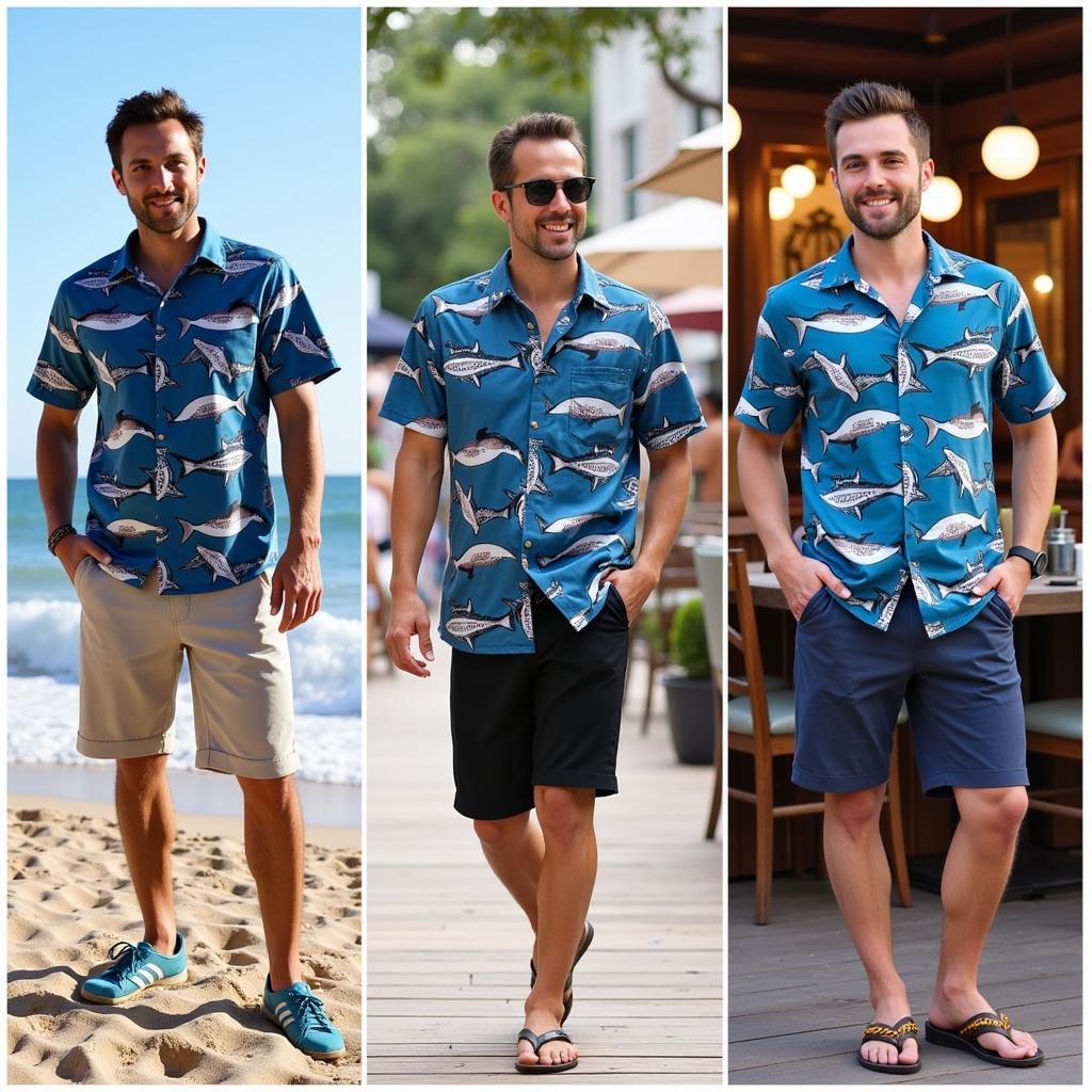 Men Sporting Shark Hawaiian Shirts in Different Settings