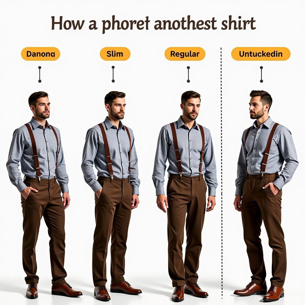 Men's Oktoberfest Shirt Fit Guide: Examples of slim fit, regular fit, and relaxed fit Oktoberfest shirts on different body types.  Illustrates how the shirt should fit when tucked in and untucked.