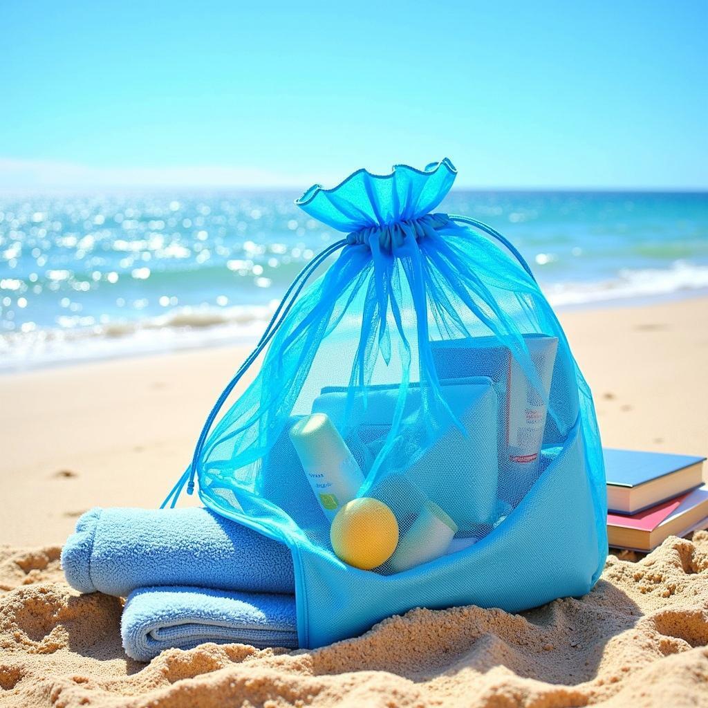 Mesh drawstring beach bag on a sandy beach