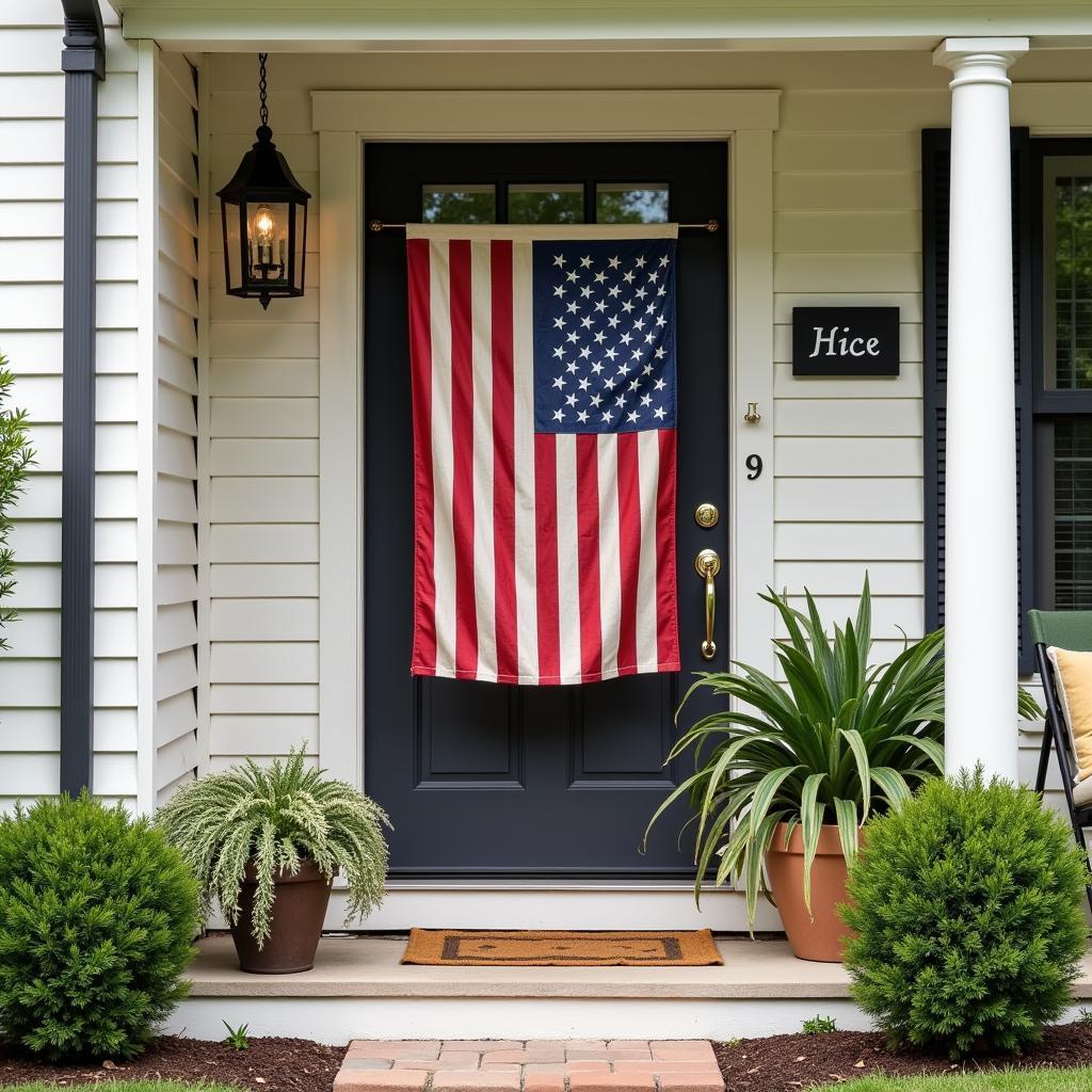 A metal American flag sign displayed prominently on a front porch