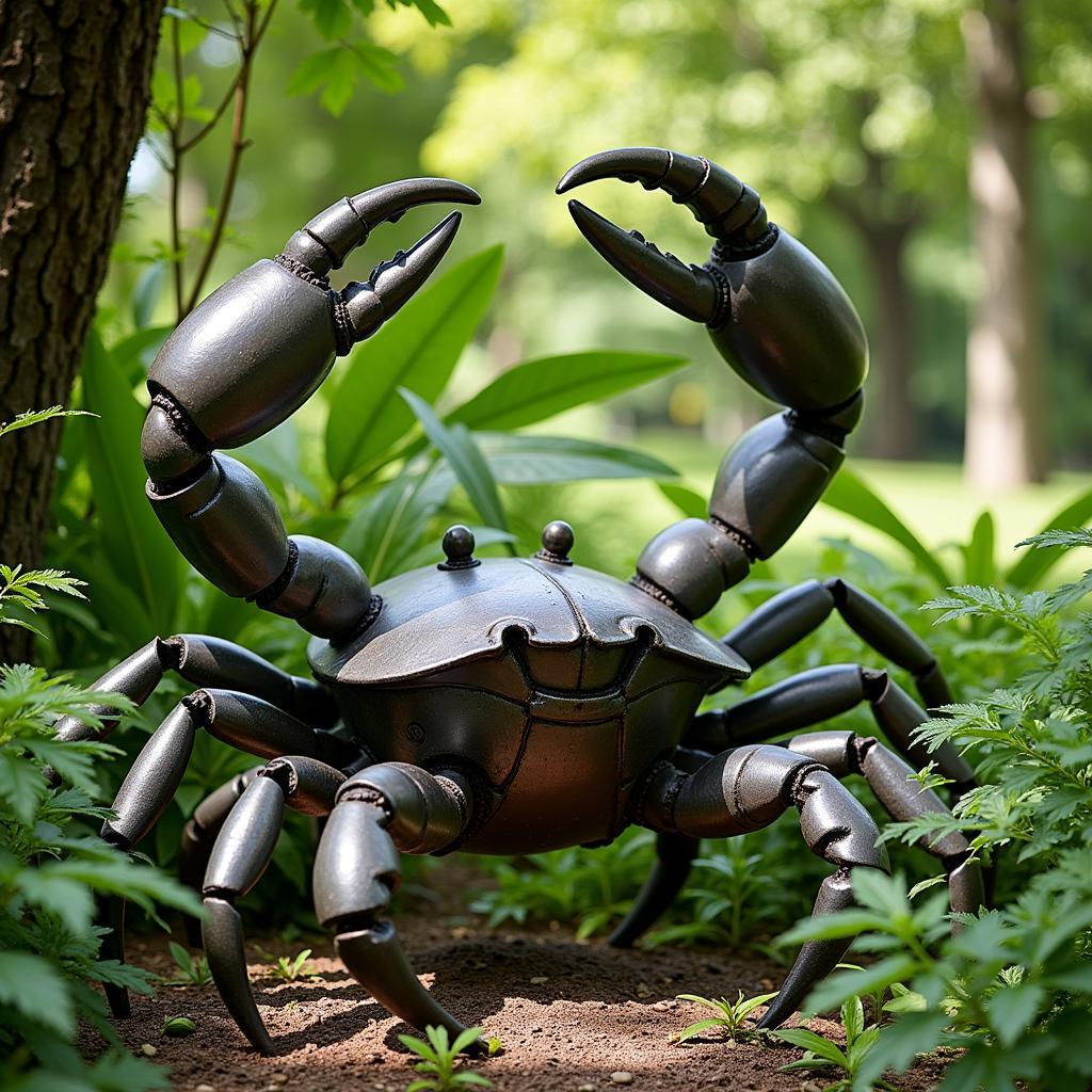 A striking metal crab sculpture in a garden setting