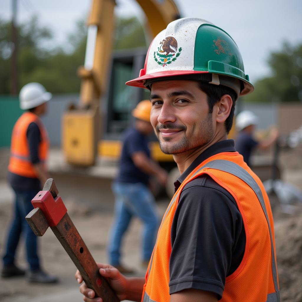 Mexican Flag Hard Hat Worn by a Construction Worker