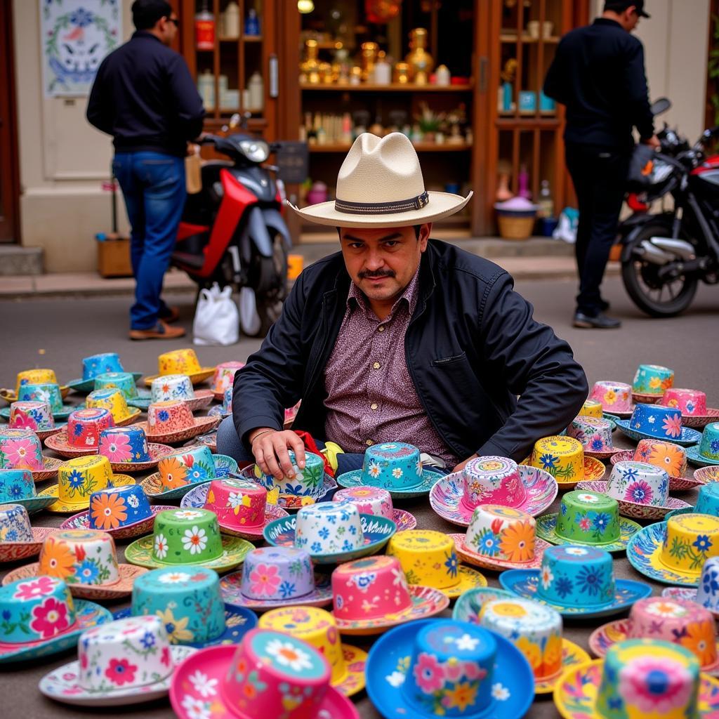 Mexican painted hats displayed by a street vendor