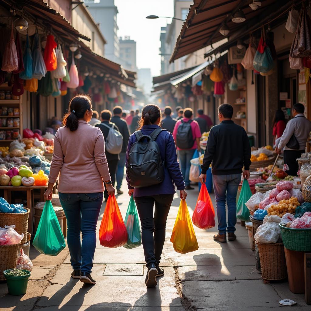 Vibrant Mexican Market Scene with Shoppers Carrying Colorful Plastic Bags