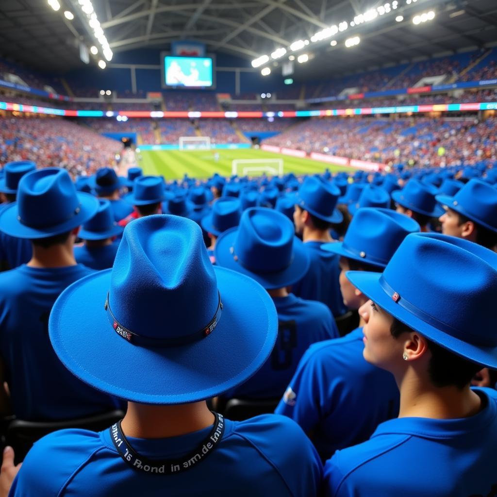 Fans wearing Mexico hats blue cheering in the stadium