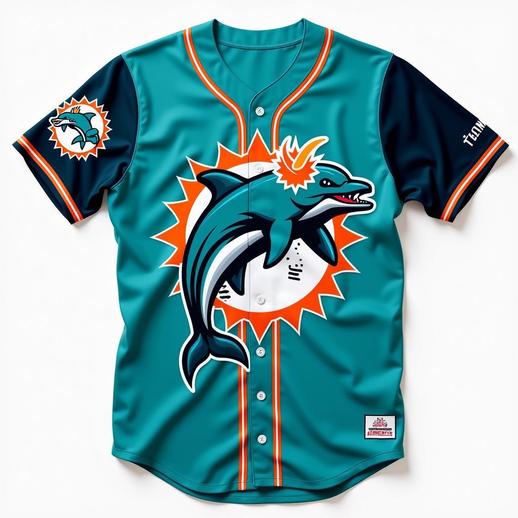 A Miami Marlins themed Dolphins Baseball Jersey showcasing the team colors and logo integrated with the dolphin design.