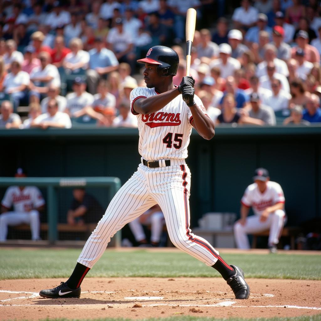 Michael Jordan swinging a bat in his Birmingham Barons jersey