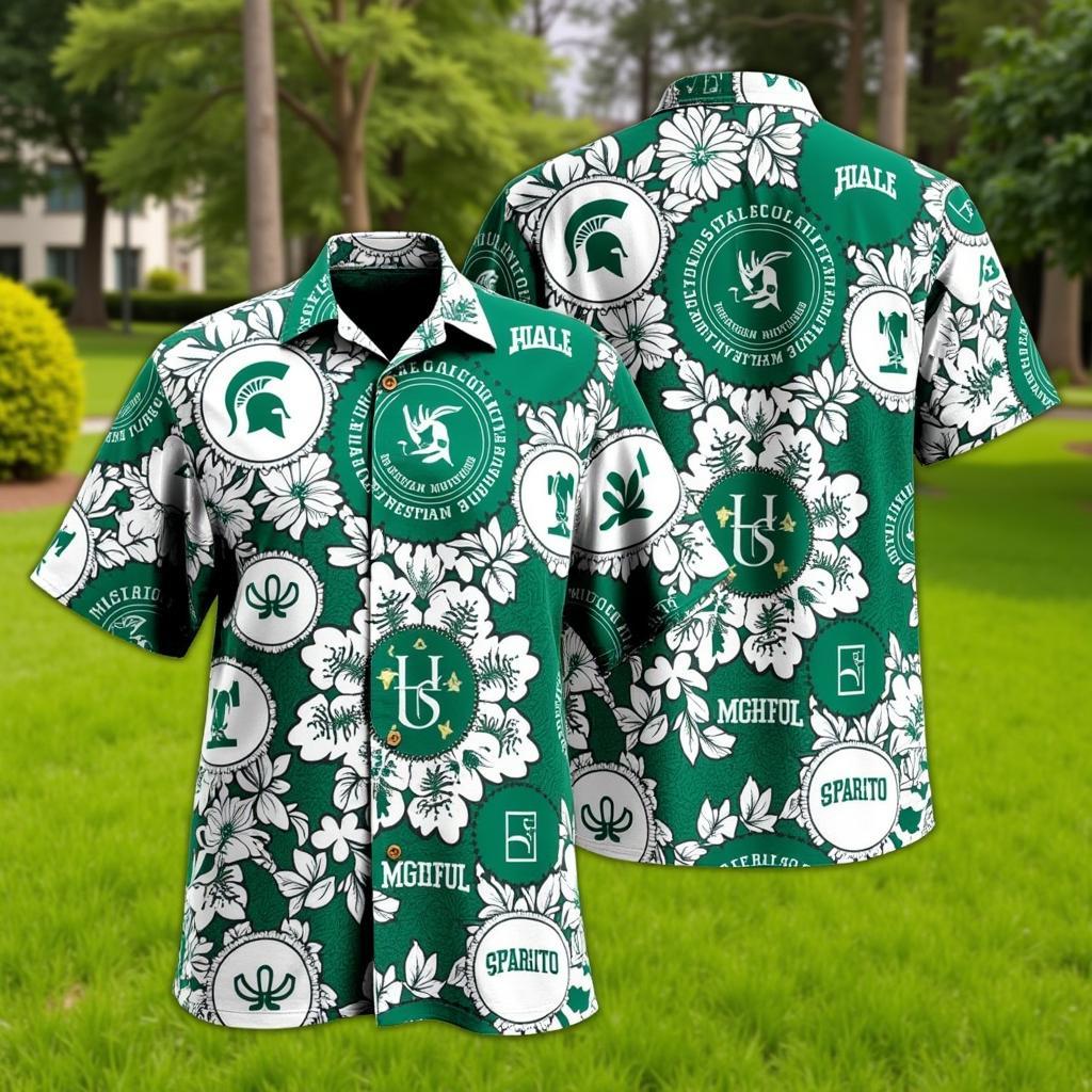 Michigan State University Hawaiian Shirt in Green and White