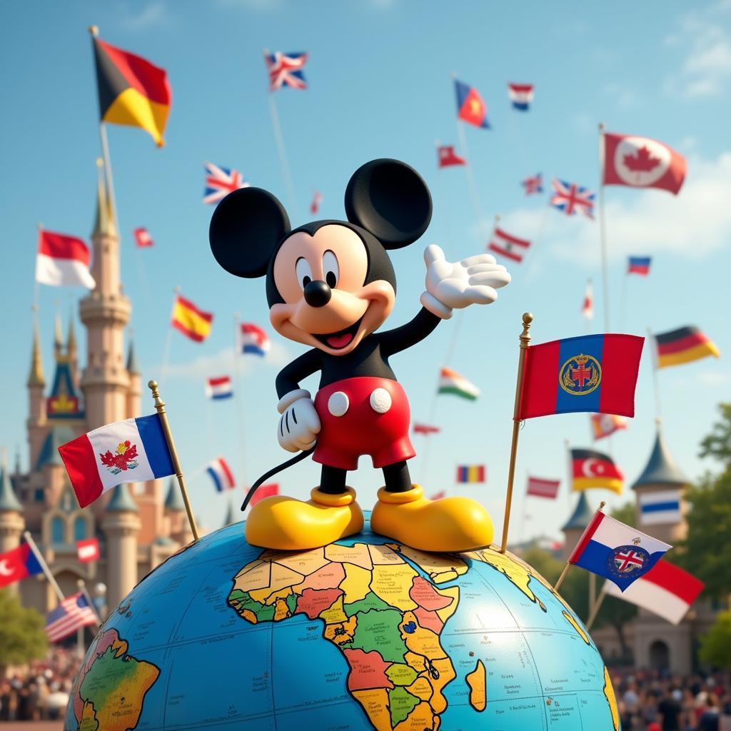 Mickey Mouse surrounded by flags from different countries