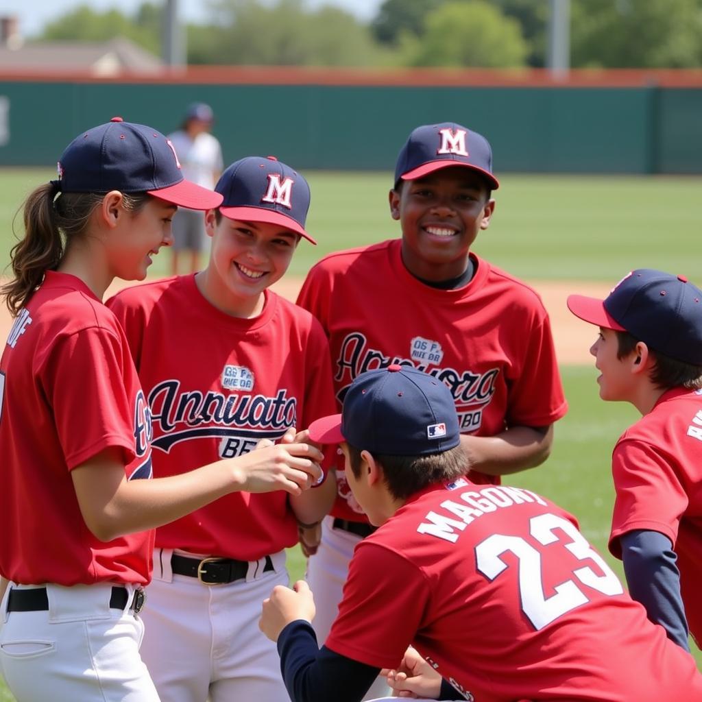 Campers demonstrating teamwork and camaraderie at Mickey Owen Baseball Camp