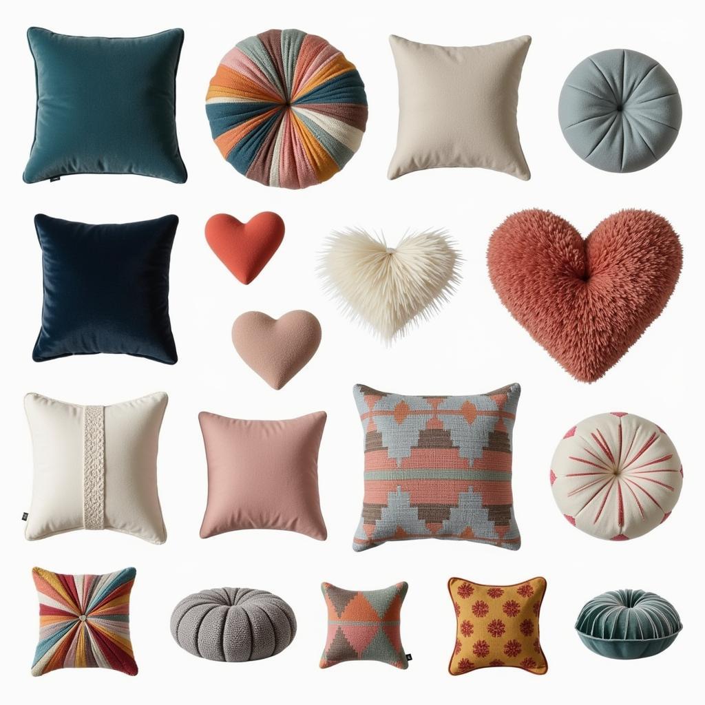 Variety of mini cushions in different shapes, sizes, and fabrics