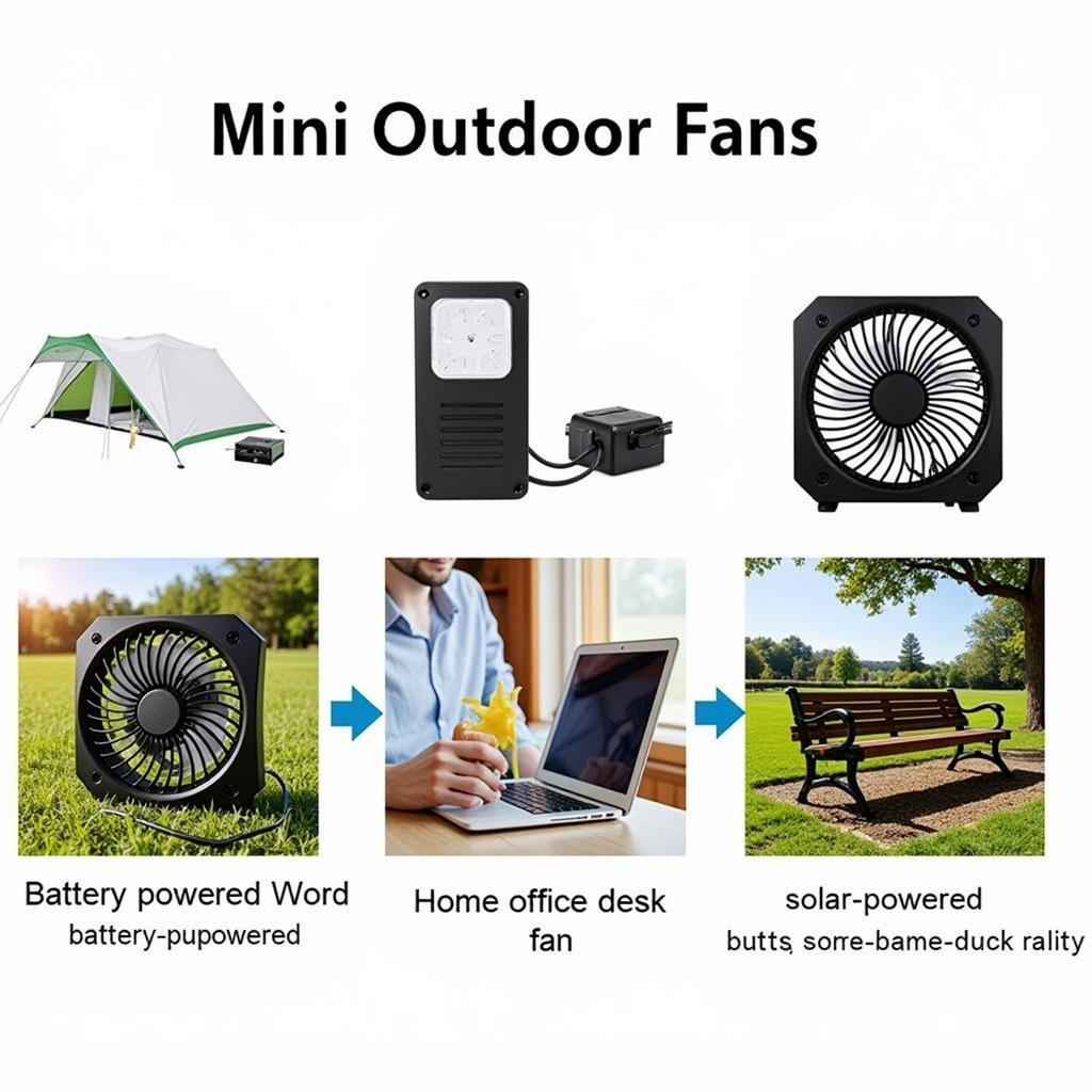 Mini outdoor fans: battery, USB, and solar powered.