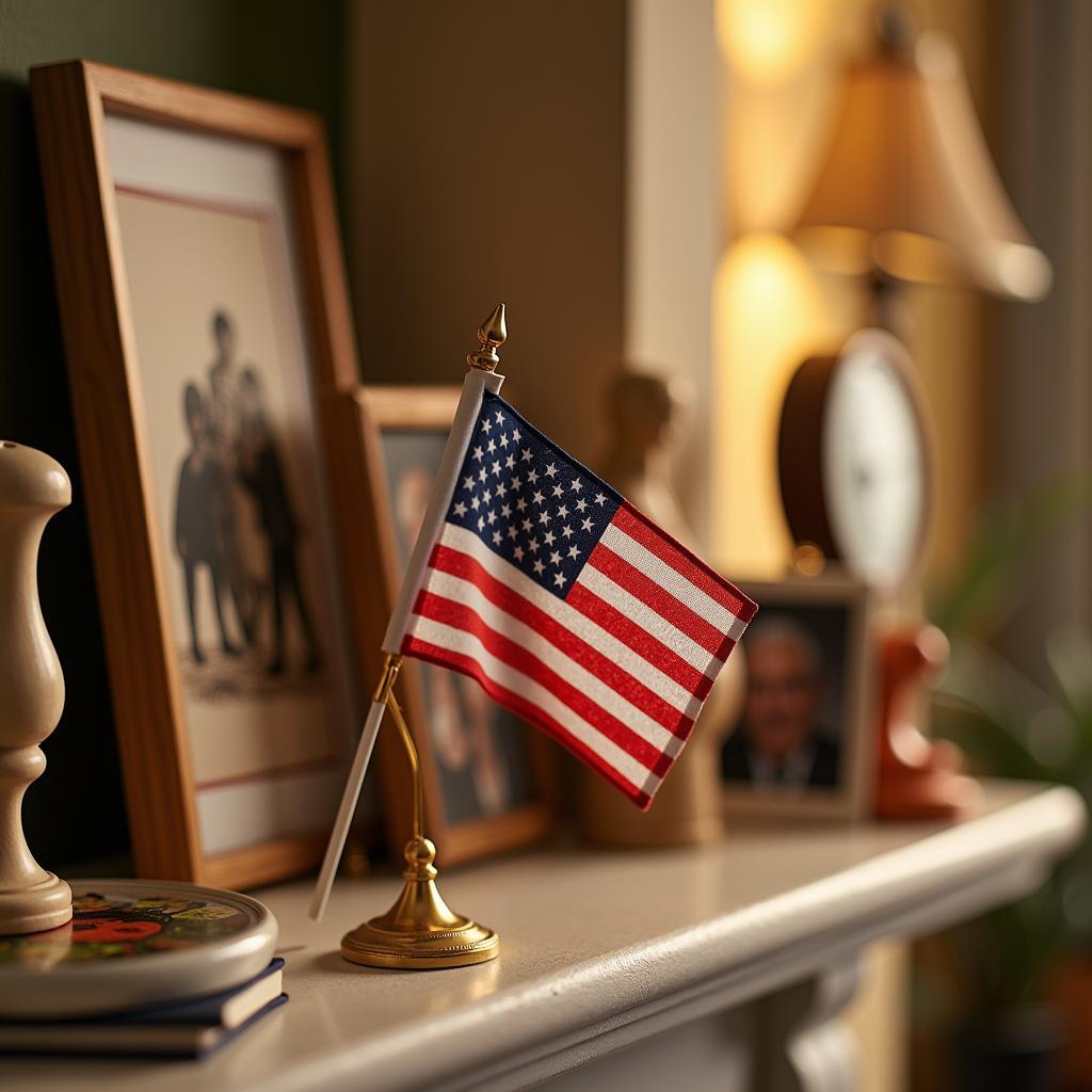 Miniature flag stand displayed on a mantlepiece