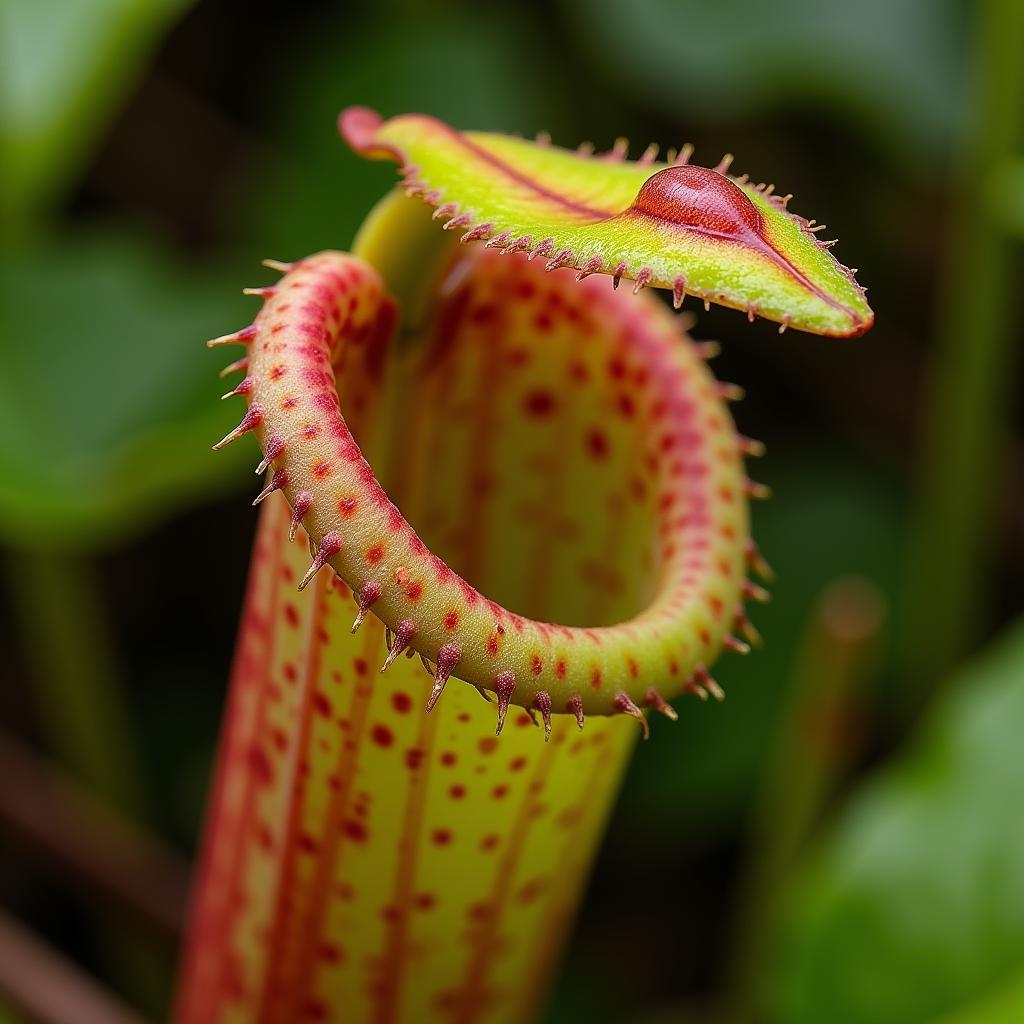 Close-up view of a miniature pitcher plant showcasing its intricate details and vibrant colors.