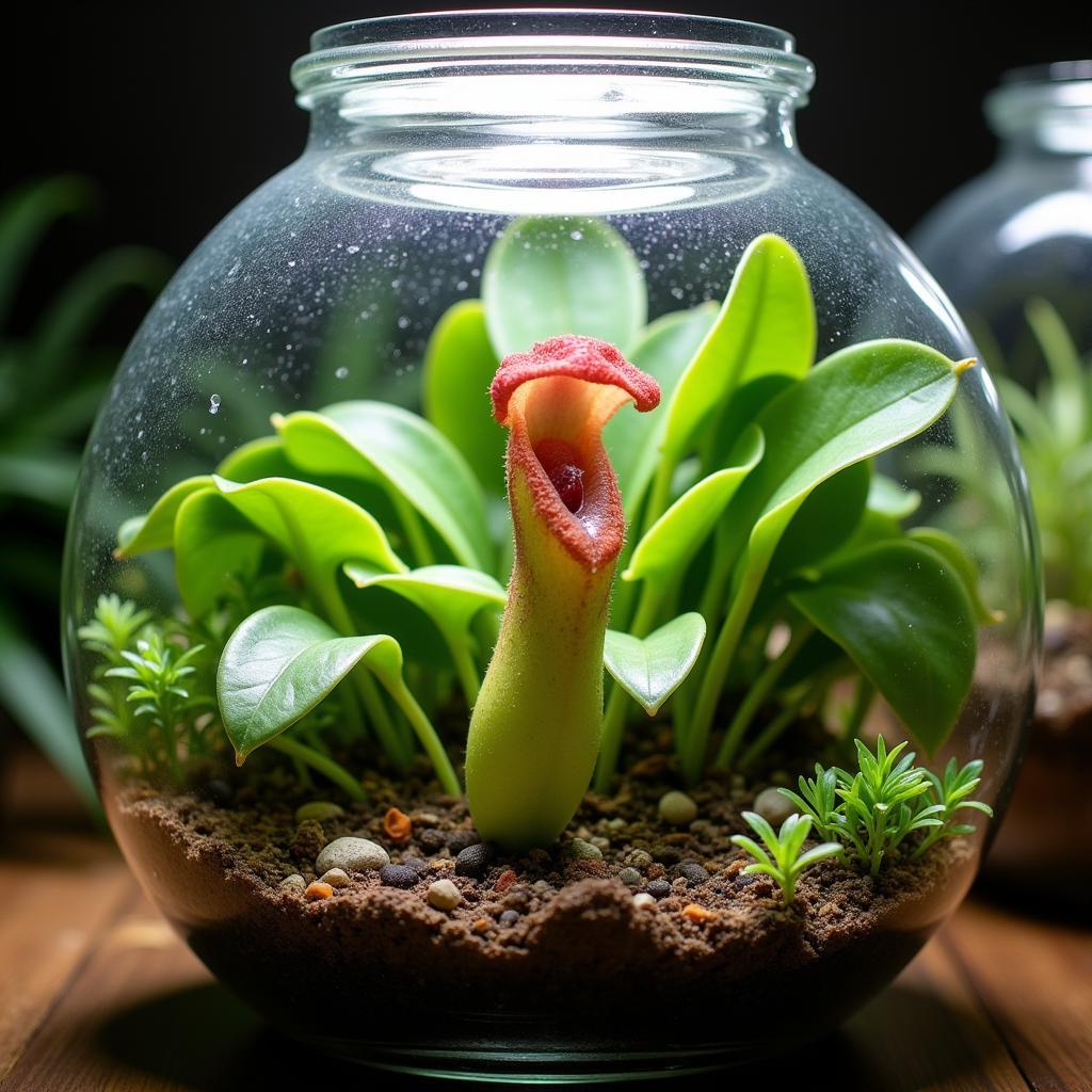 A miniature pitcher plant thriving in a terrarium environment, showcasing the ideal growing conditions.