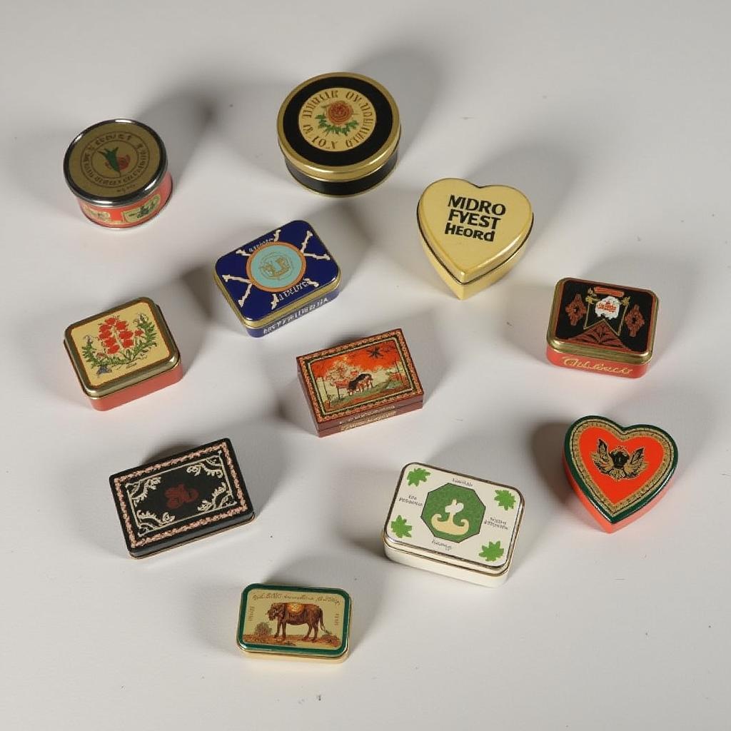 Variety of miniature tin boxes showcasing different shapes, sizes, and designs