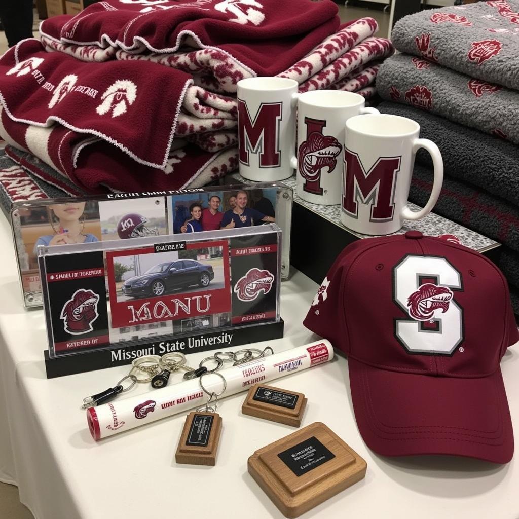 Missouri State University Gift Ideas - Display of various MSU merchandise, including mugs, blankets, and diploma frames.