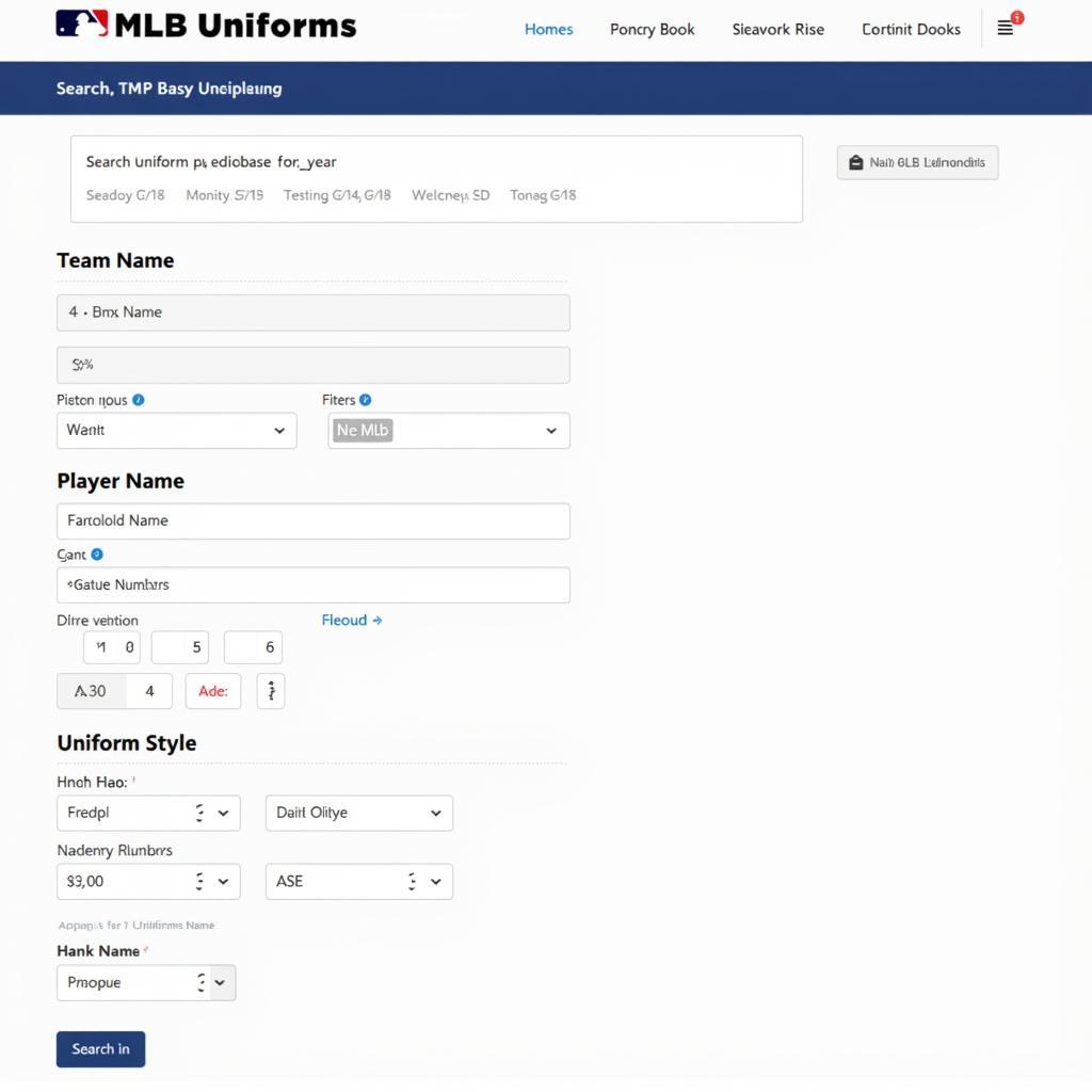 MLB Uniforms Database Search Filters