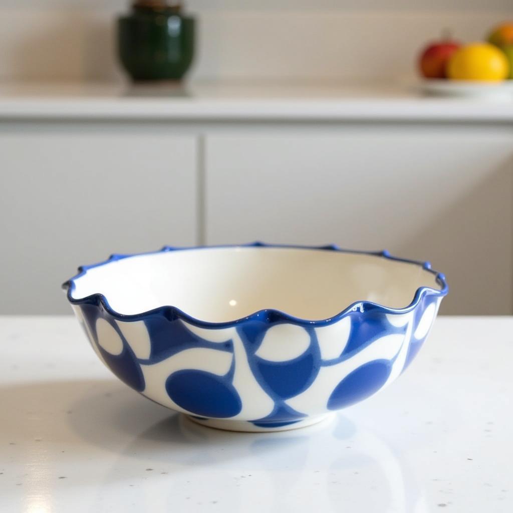 Modern Ceramic Blue and White Fruit Bowl with Geometric Pattern