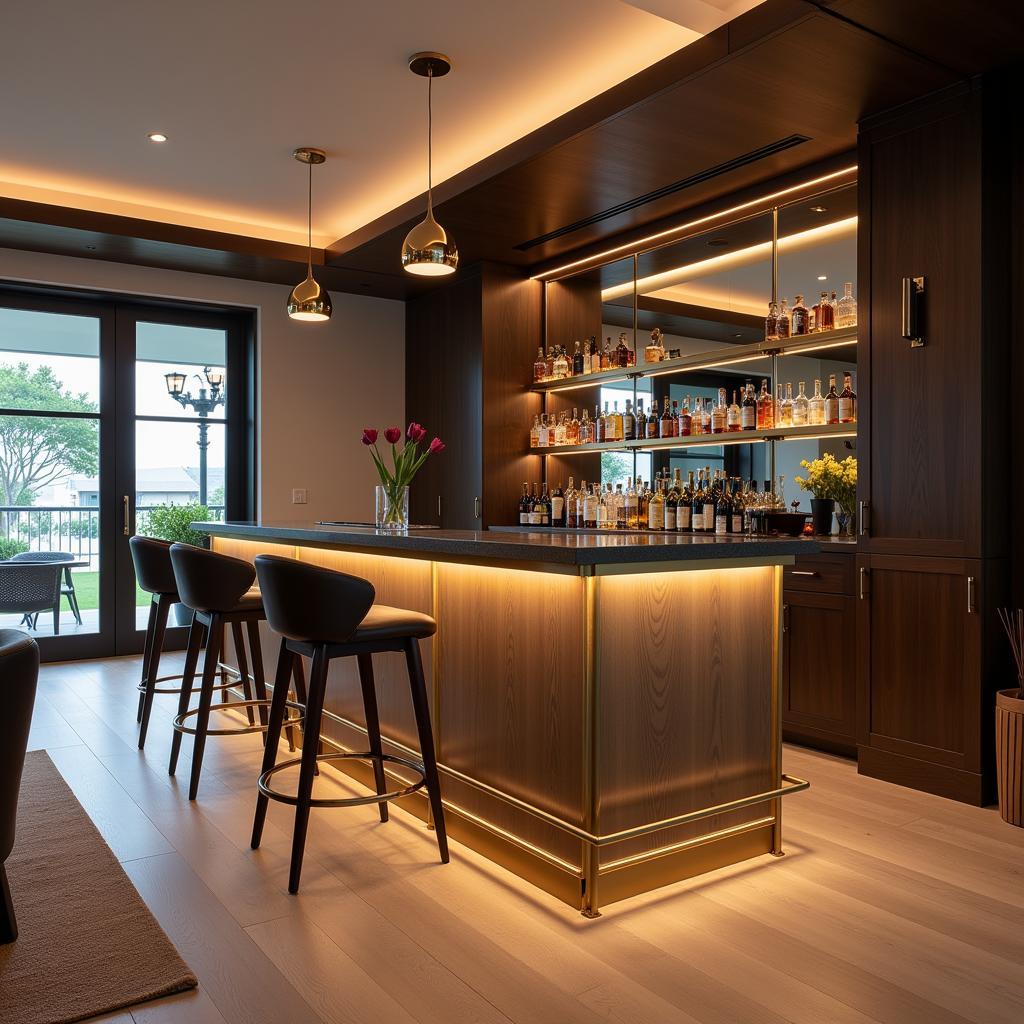 Modern Home Bar Design Featuring a Brass Foot Rail