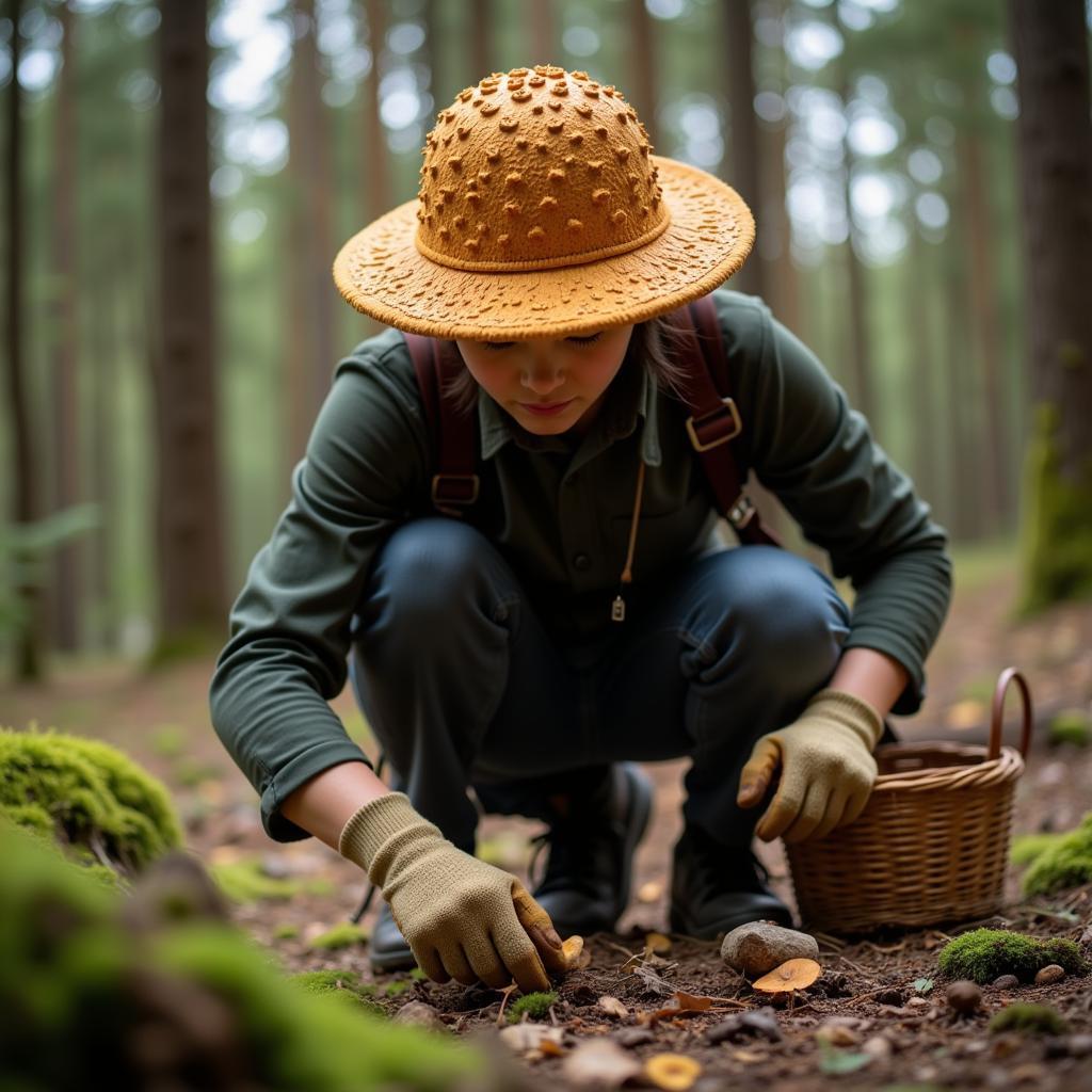 A forager wearing a morel hat while searching for mushrooms