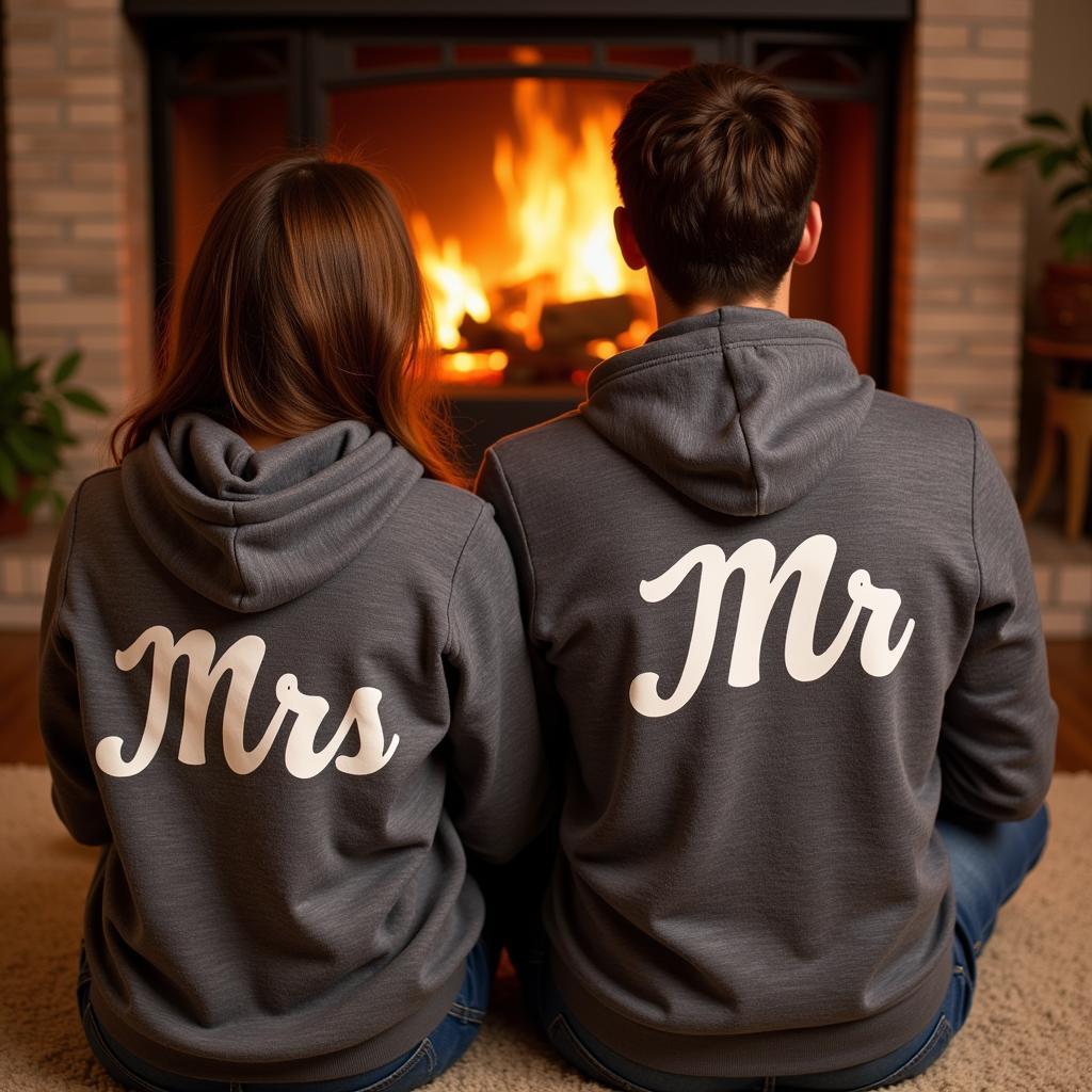 Couple wearing cozy fleece Mr and Mrs hoodies