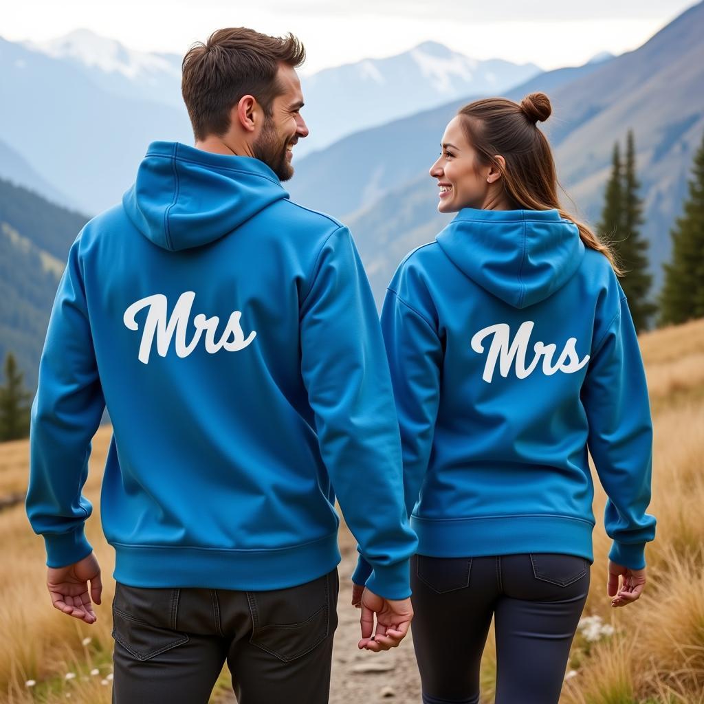 Couple wearing Mr and Mrs hoodies on a hike