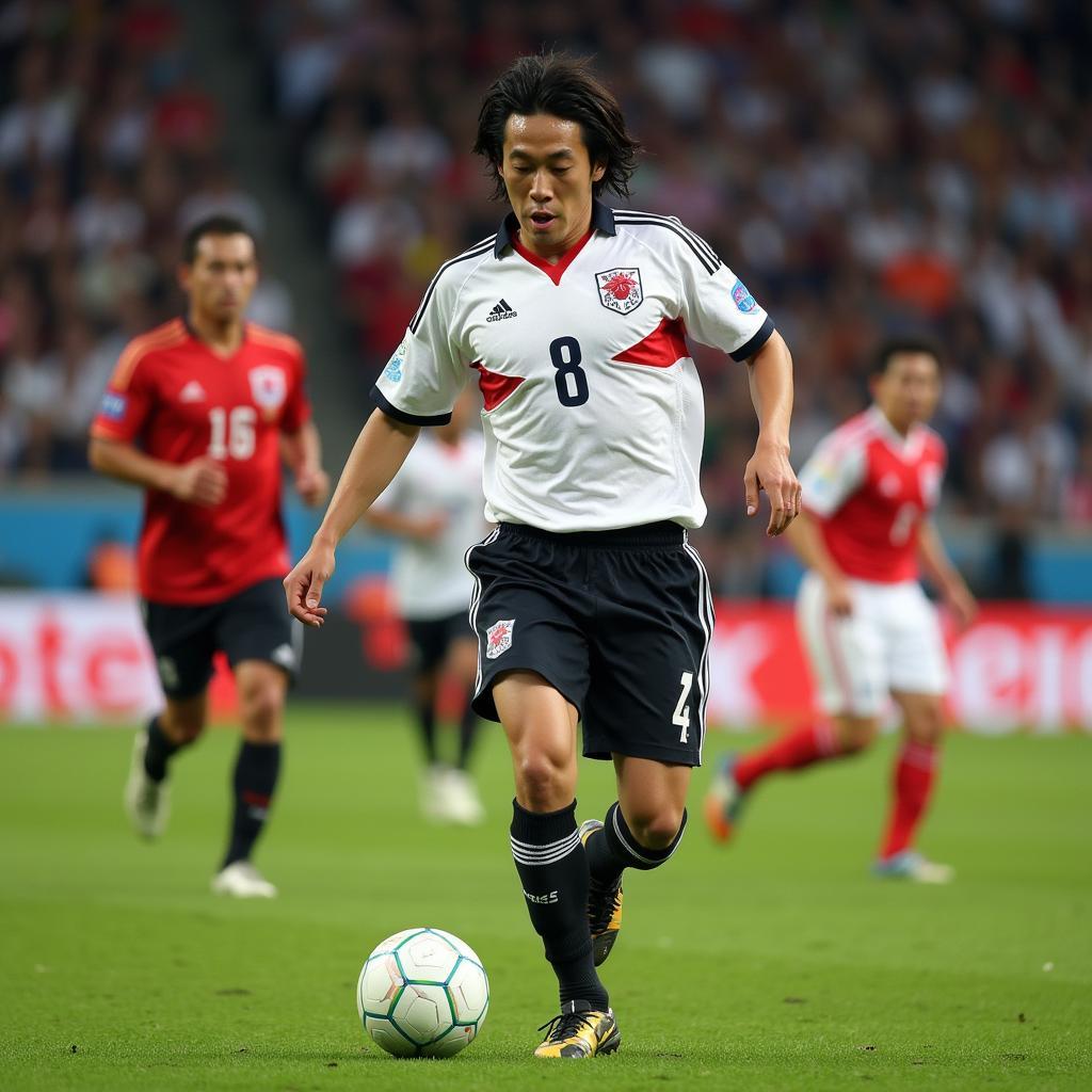 Hidetoshi Nakata wearing the 2006 Japan jersey during a World Cup match.