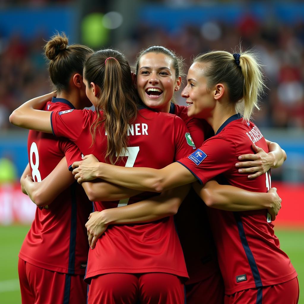 Players celebrating a victory, highlighting team unity and national pride.