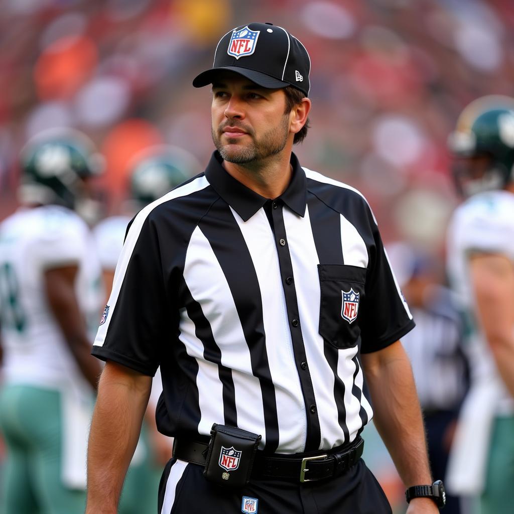 NFL referee wearing official hat on the field