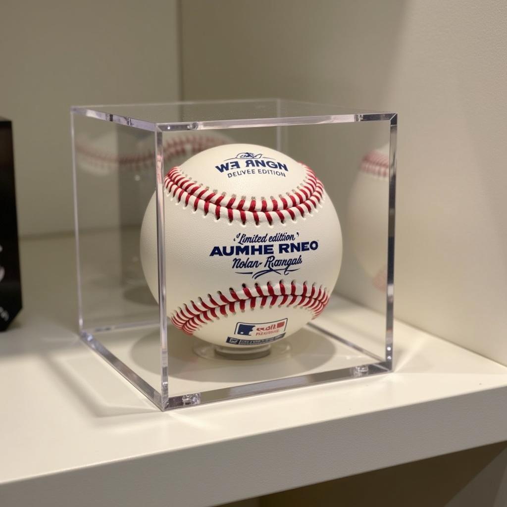 A Nolan Ryan baseball displayed in a protective case