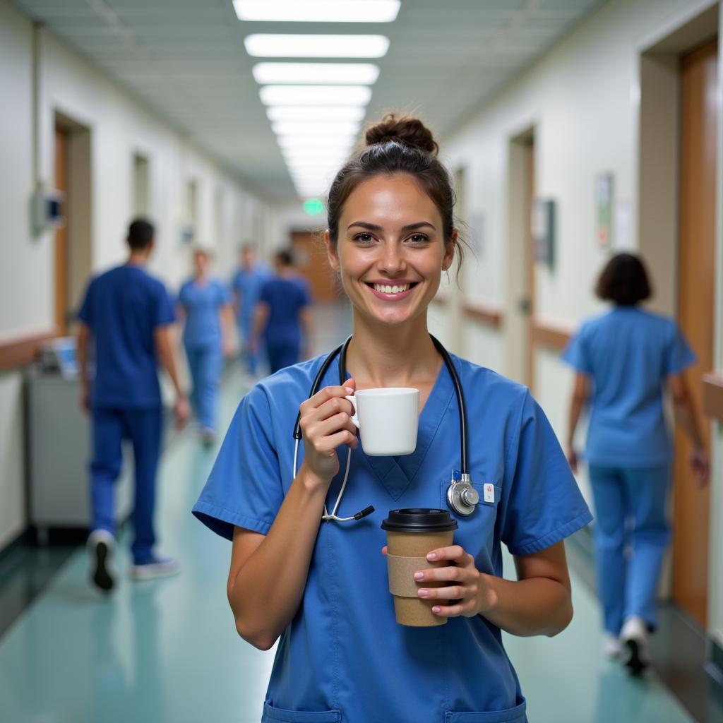 Nurse Using Coffee Tumbler at Hospital