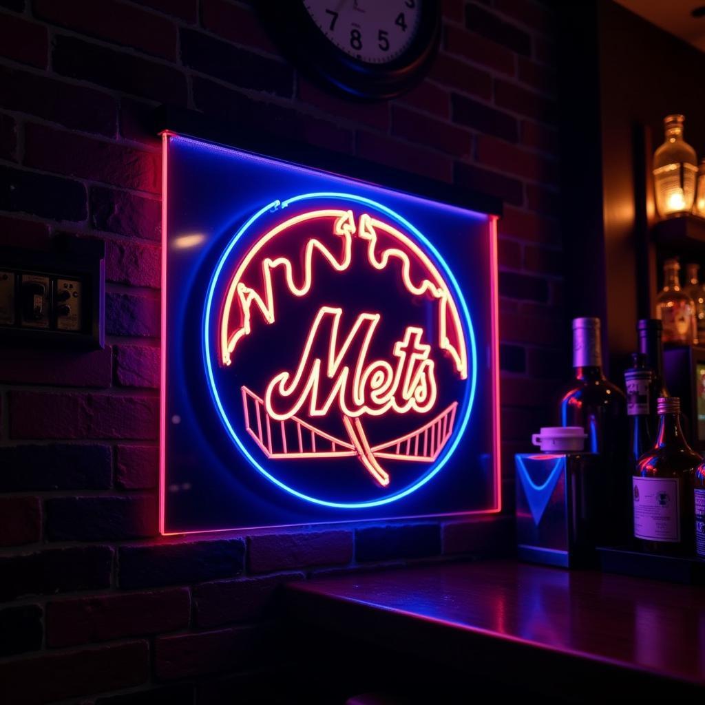 NY Mets neon sign illuminating a home bar