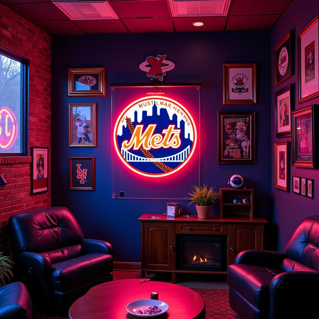 NY Mets neon sign displayed in a man cave