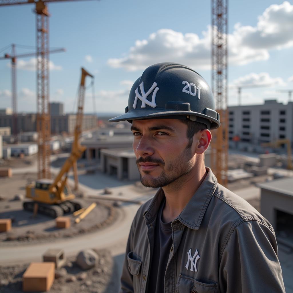 NY Yankees Hard Hat on Construction Site