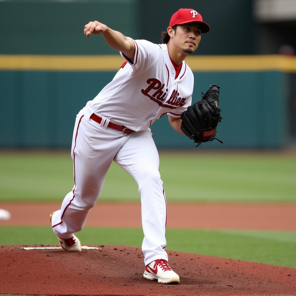 Shohei Ohtani pitching in his turf shoes