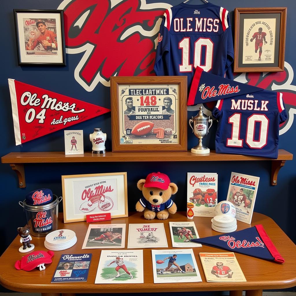 A diverse collection of Ole Miss memorabilia including pennants, jerseys, and programs.