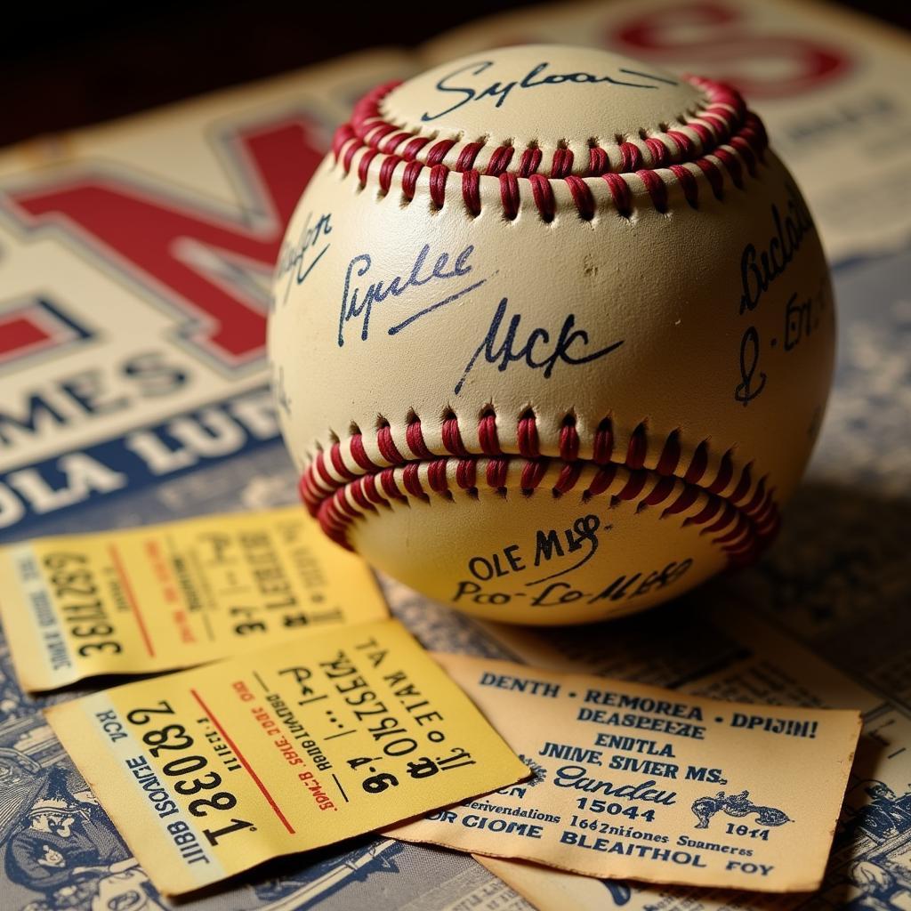 Vintage Ole Miss sports memorabilia including a signed baseball and old game tickets.