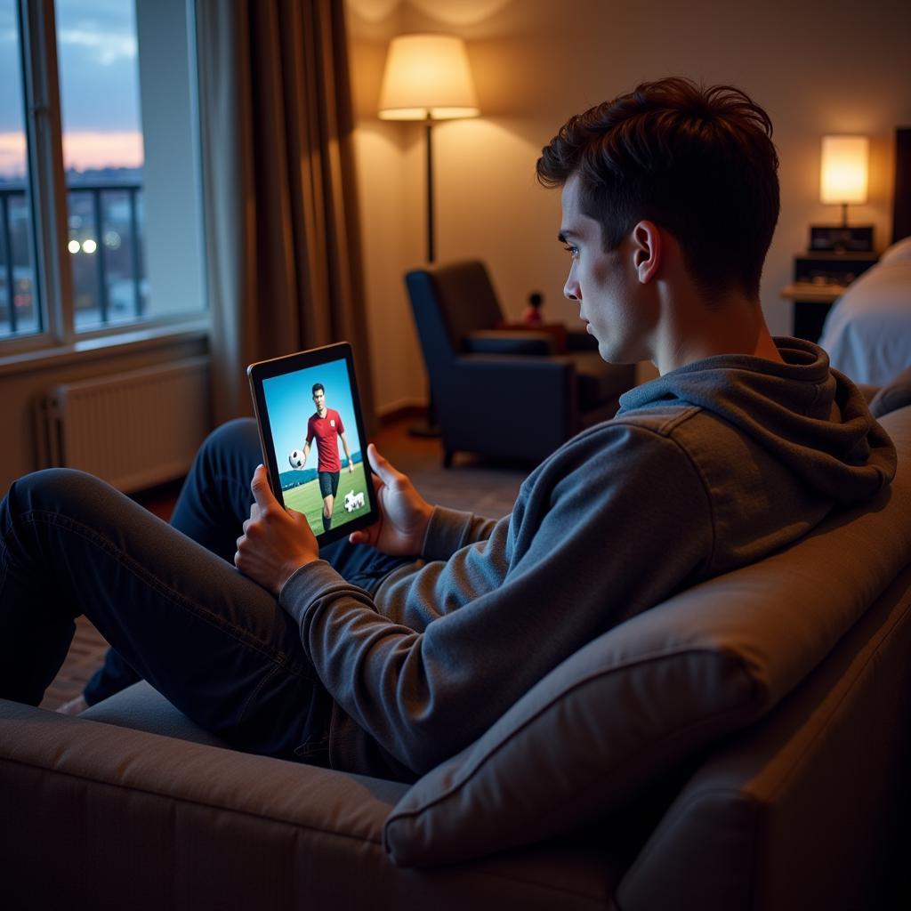 Footballer Relaxing with Online Movie Streaming