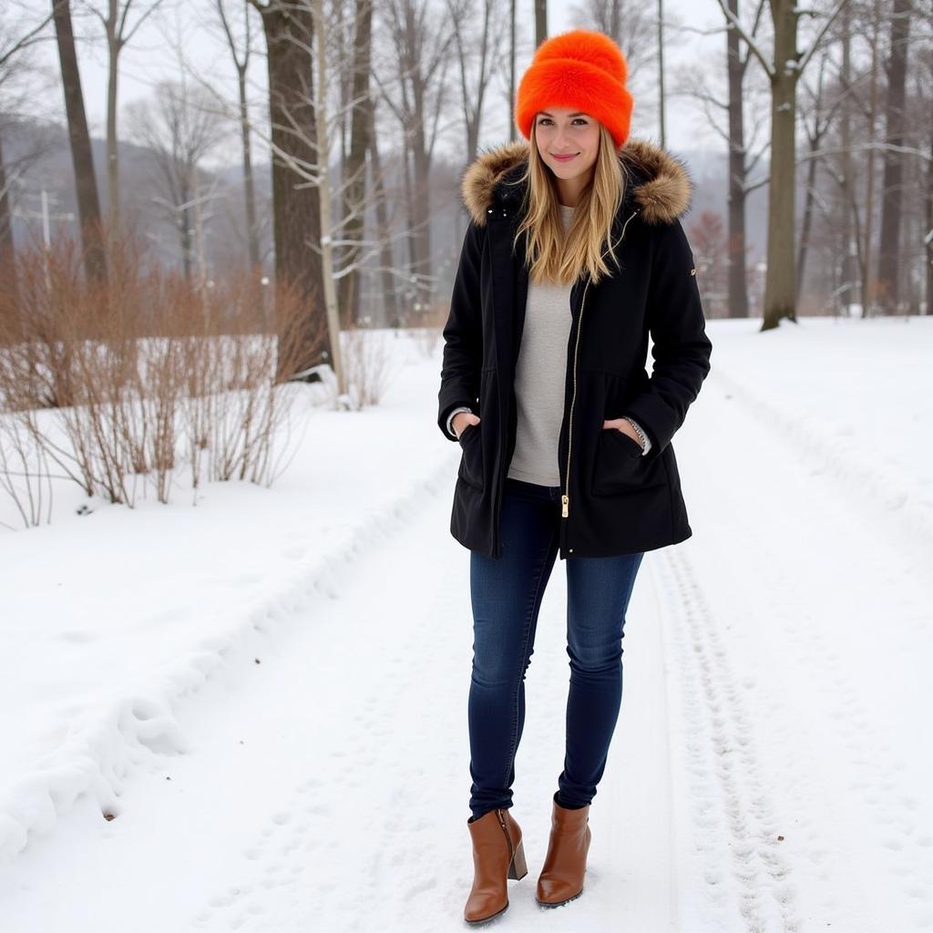 Woman wearing an orange fur hat with a winter outfit